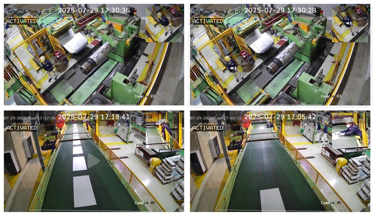 Bốn khung hình camera nhà máy, vùng giám sát AI đang kích hoạt trên dây chuyền