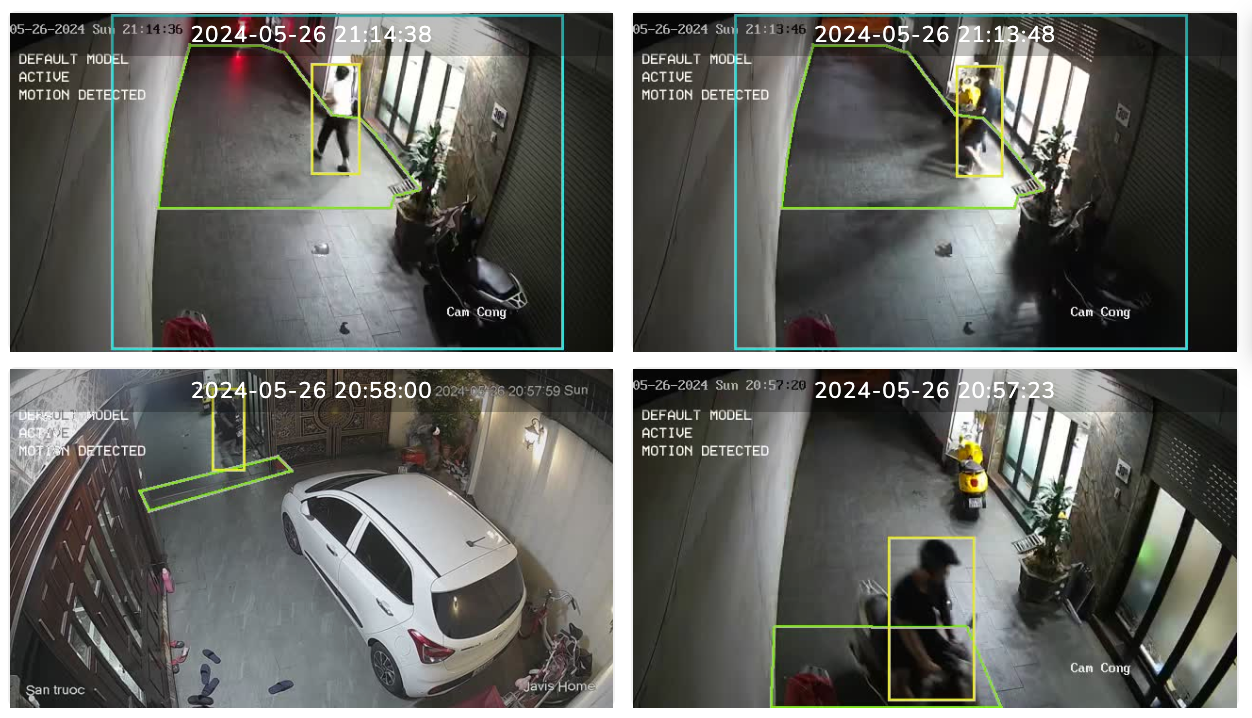 Bốn khung hình camera với khung phát hiện người và vùng giám sát
